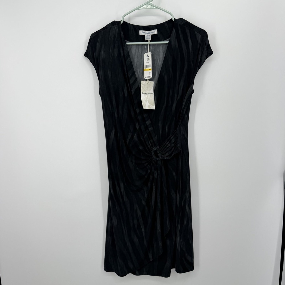 Tommy Bahama Clara Zesty Zebra Dress Women Medium Black Faux Wrap V-Neck Stretch